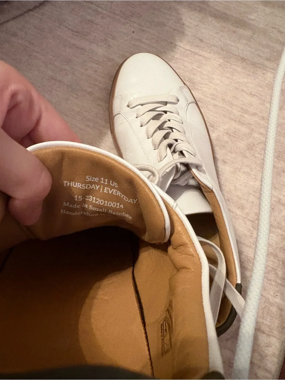 Thursday Boot Company White Leather Sneakers with Tan Lining and Olive Heel